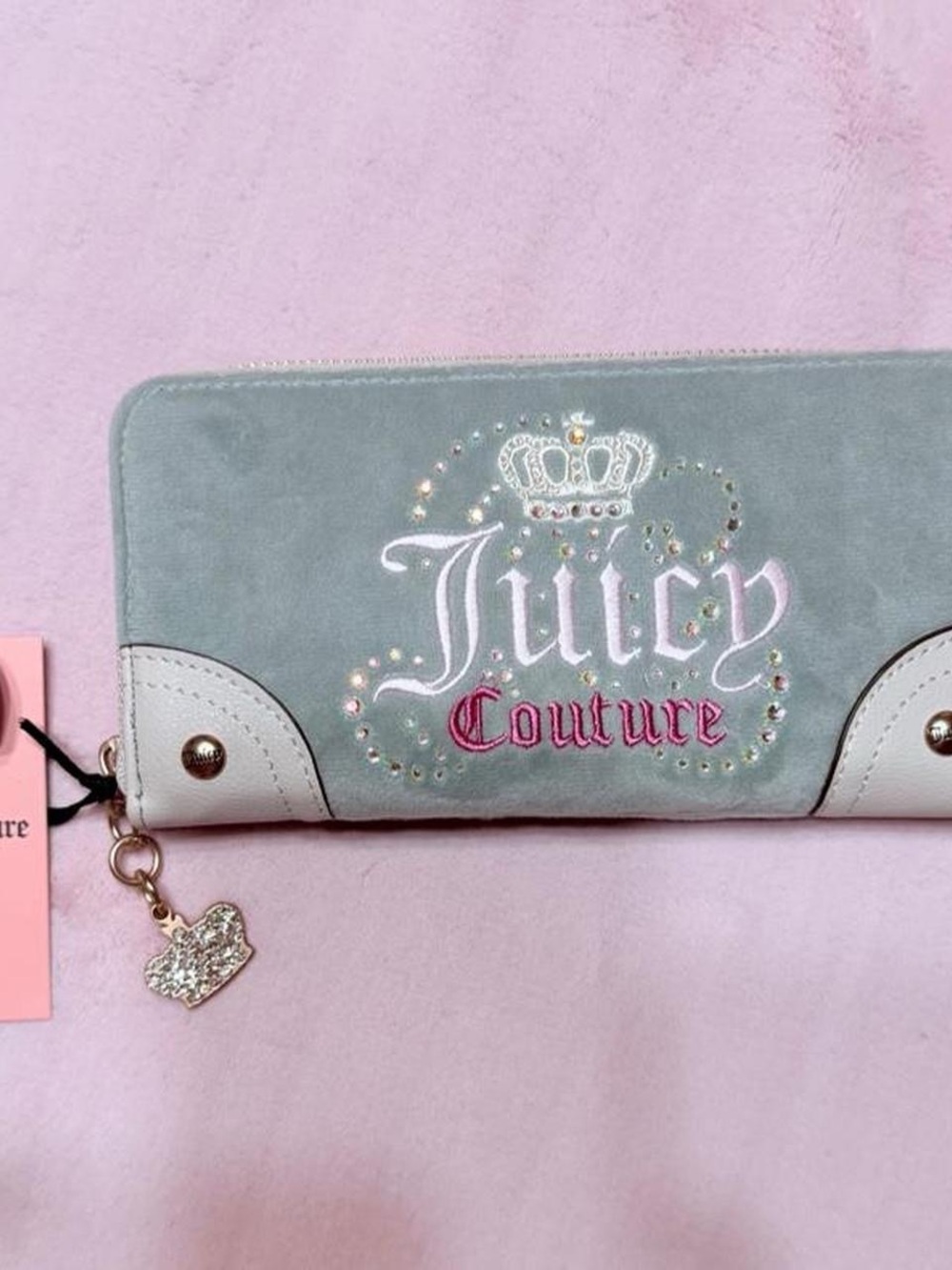 Juicy Couture Mint Green Velvet Zip-Around Wallet with Pink Logo